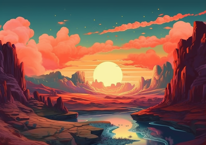 国潮风落日山谷中的山水画风景,插画/手绘图,插画/手绘图库,插画/手绘图下载,插画/手绘